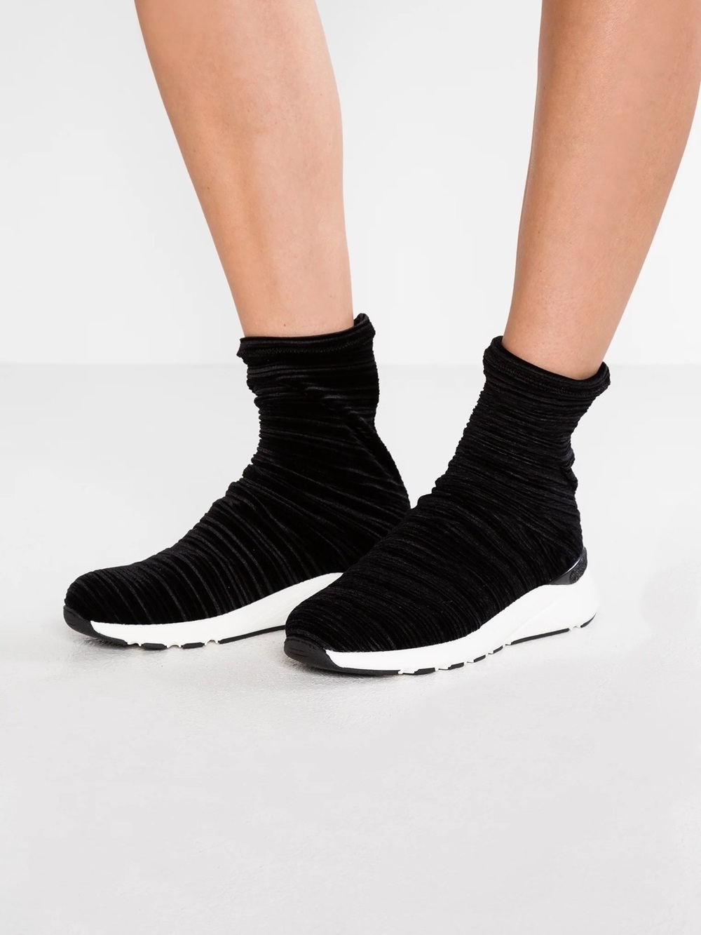 Casadei Black Ruched Knit Sock Sneakers with White Sole